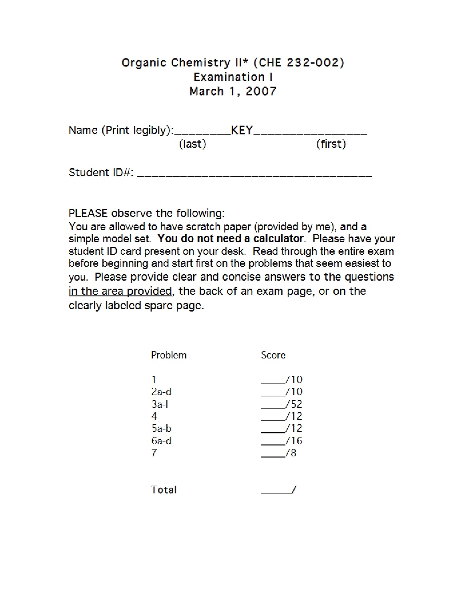 First Examination for Organic Chemistry II