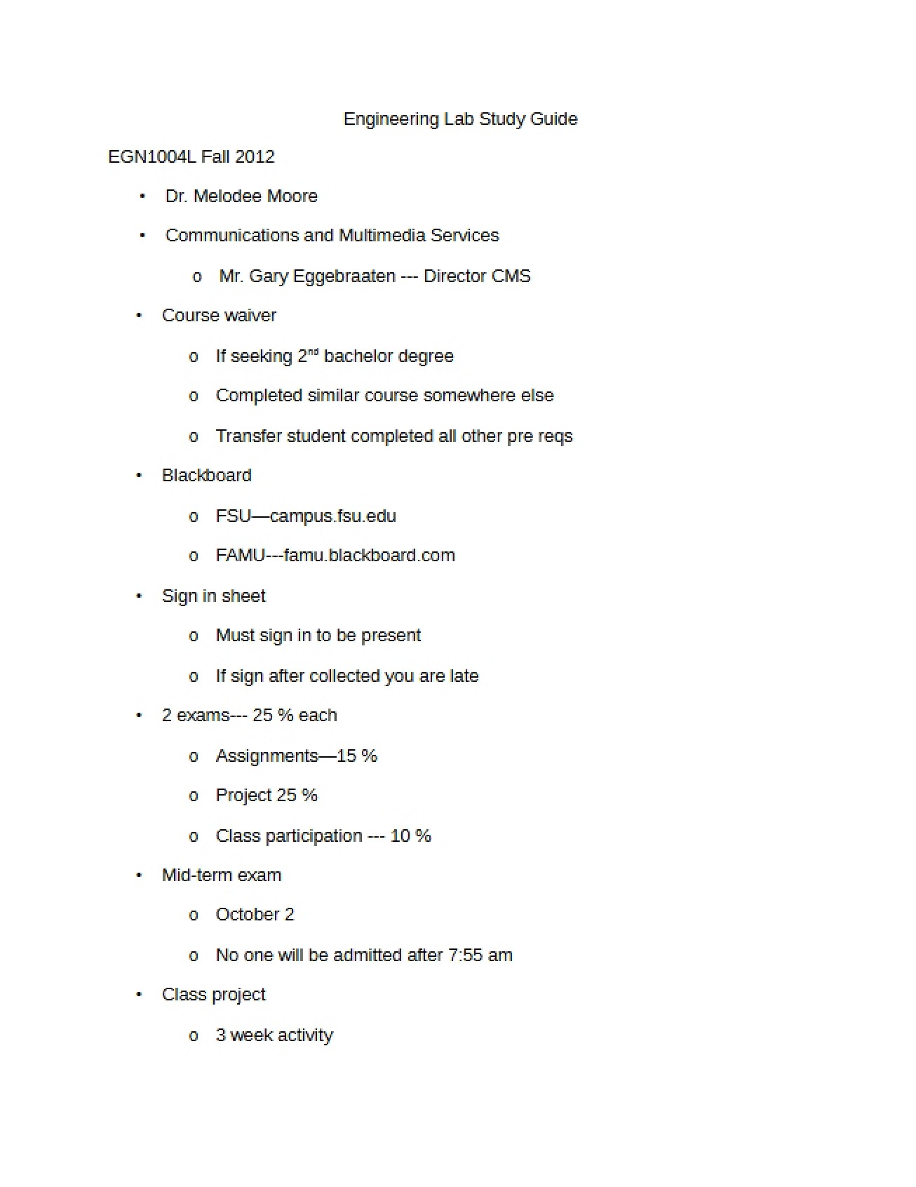 General Study Guide for the Engineering Lab