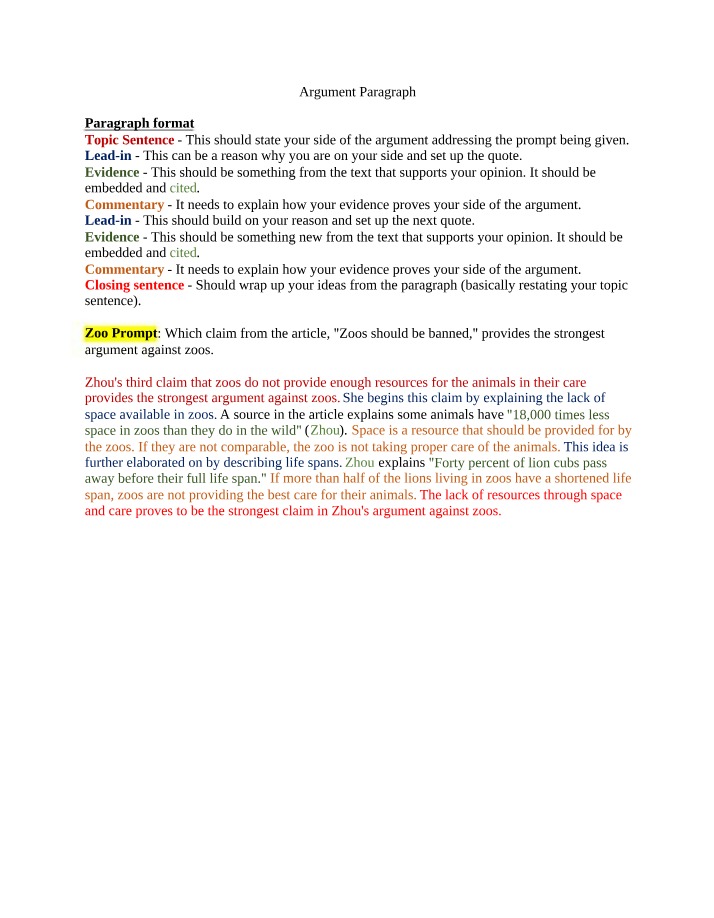 Zoo Prompt Analysis and Argument Paragraph Format