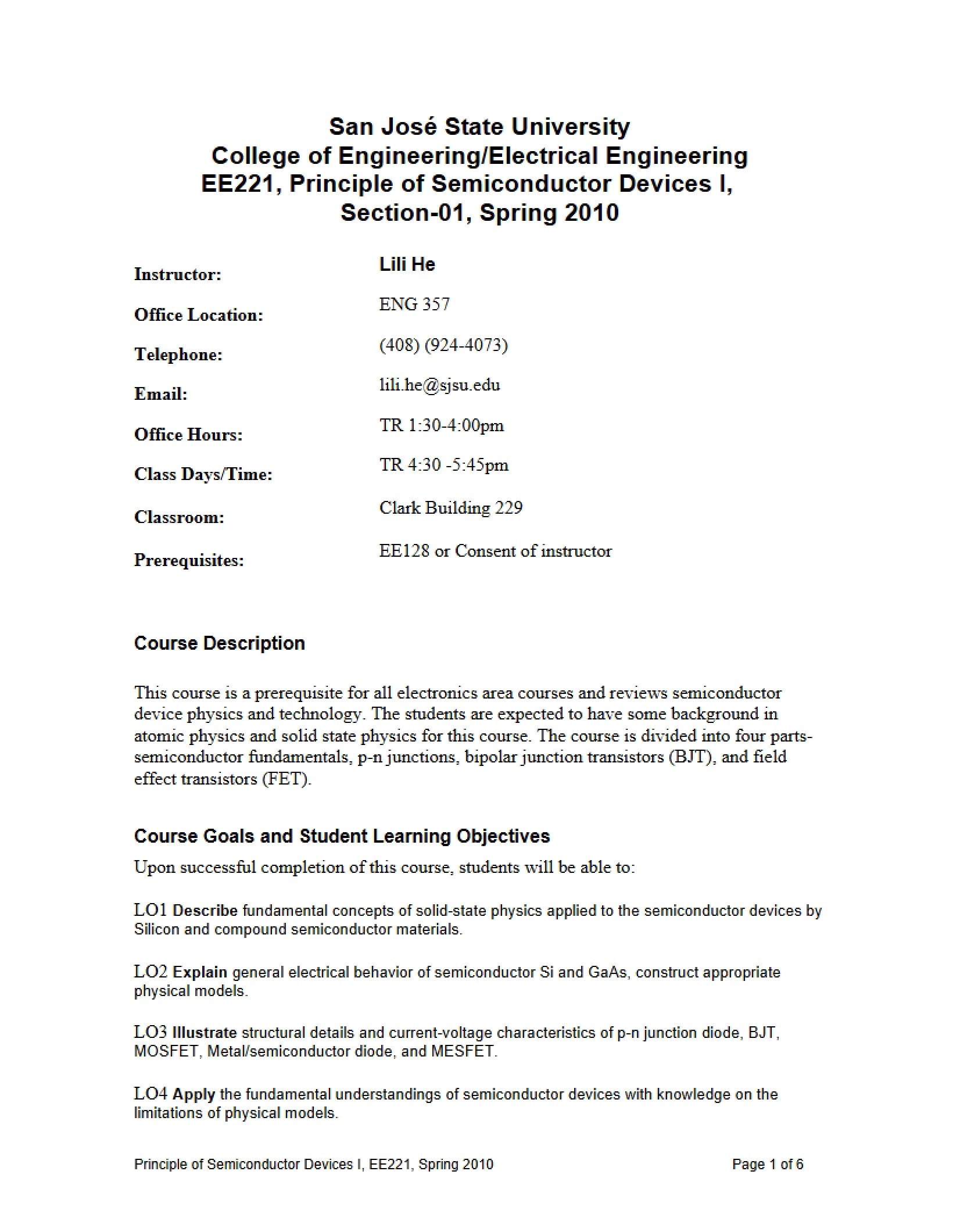 Semiconductor Devices I Course Syllabus