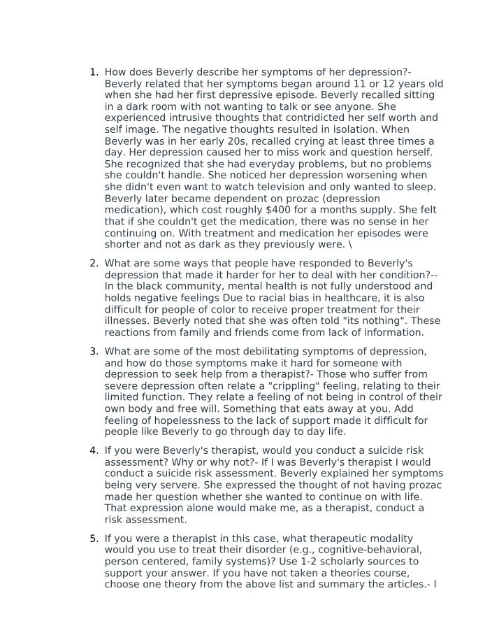 Analysis of Beverly's Depression Symptoms and Treatment