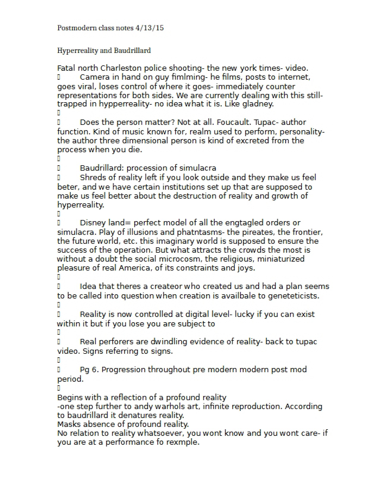 Postmodern Class Notes April 13, 2015