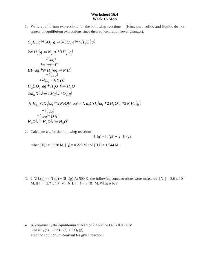 CHEM 1120C Worksheet 16.4