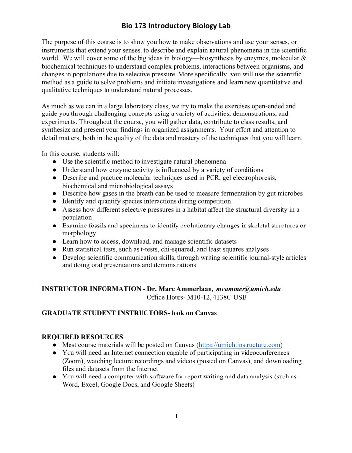 Syllabus for BIO 173 Introductory Biology Lab