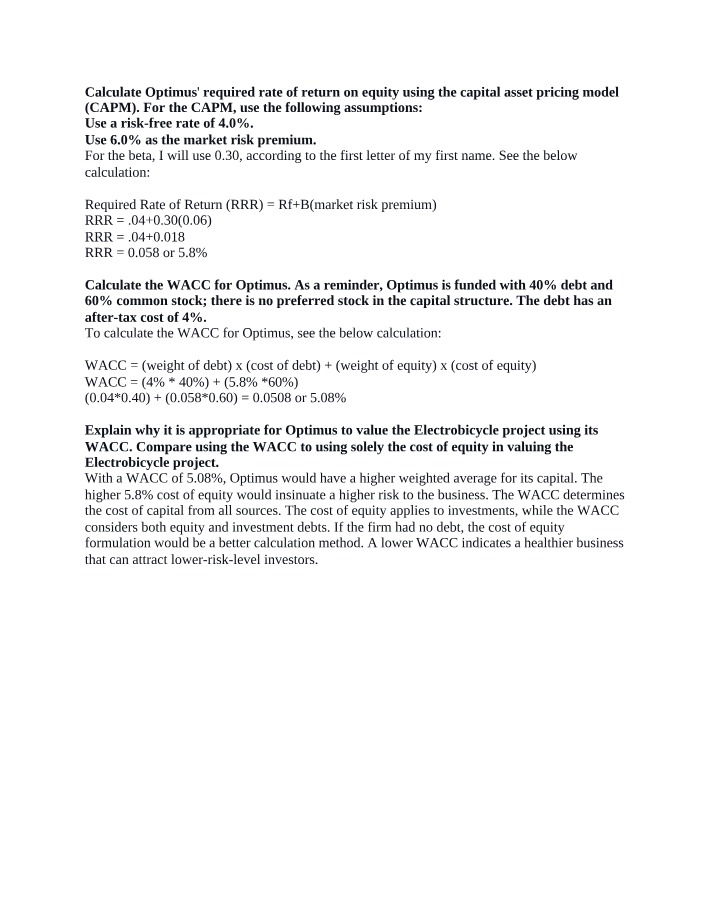 Optimus Calculation for WACC and CAPM