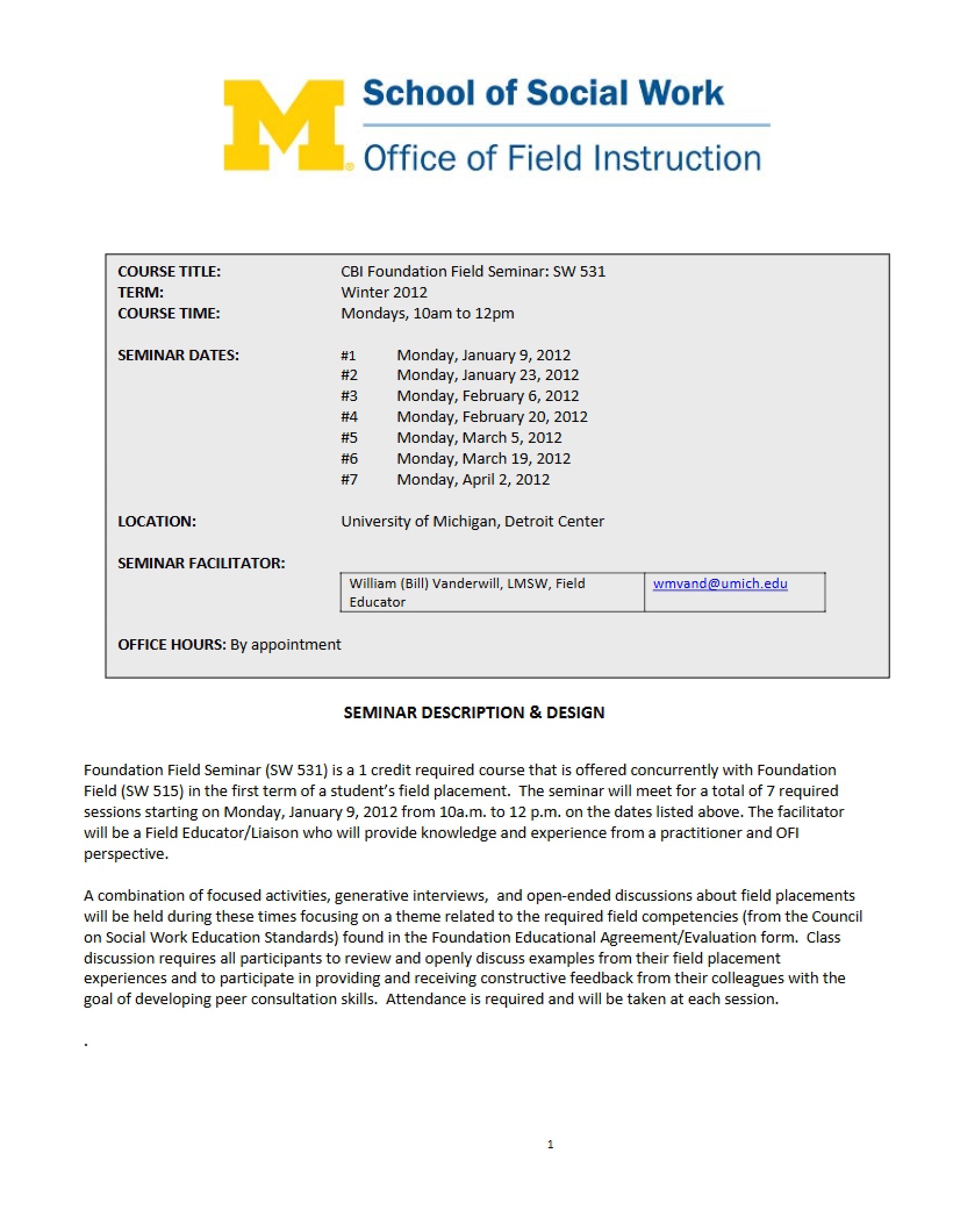 Course Syllabus for SW 531