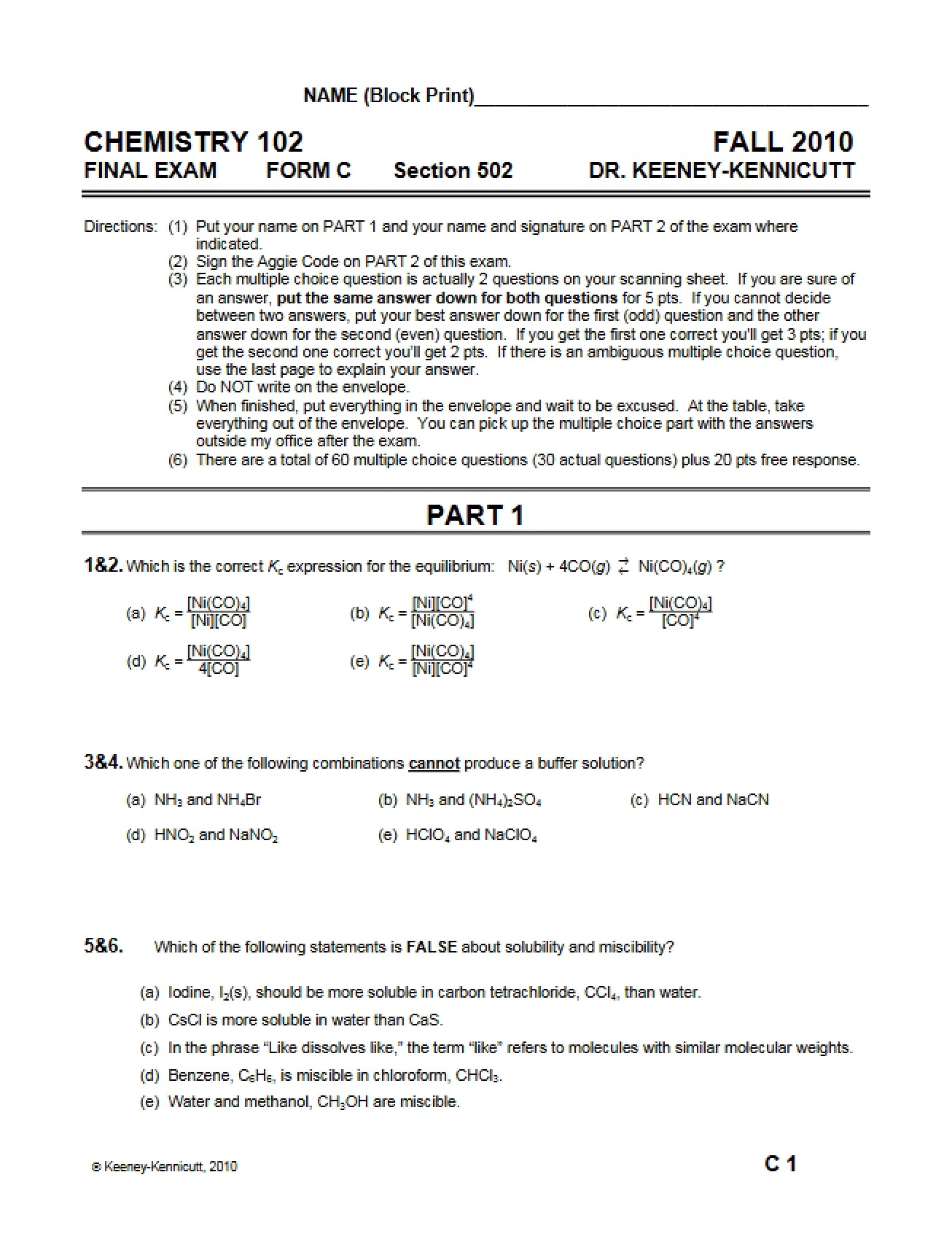 Final Exam, Version C from Fall 2010