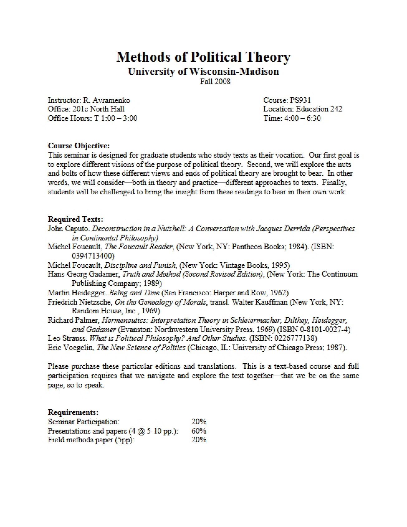 Political Theory Methods Course Syllabus