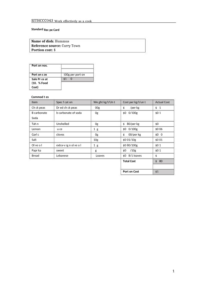 Log Book Answers for SITHCCC043