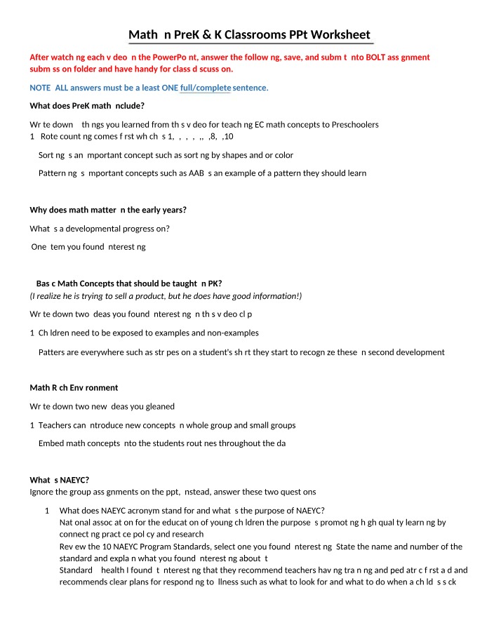 Worksheet for Math in PreK and K Classrooms