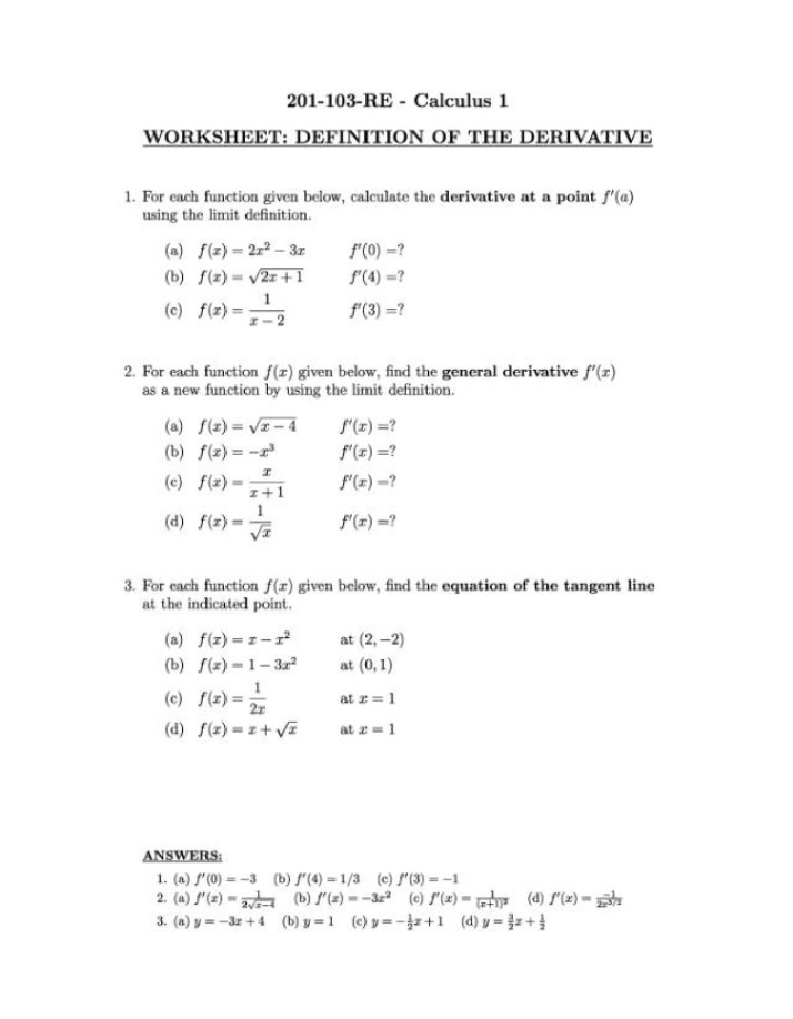 Worksheet on the Definition of Derivative