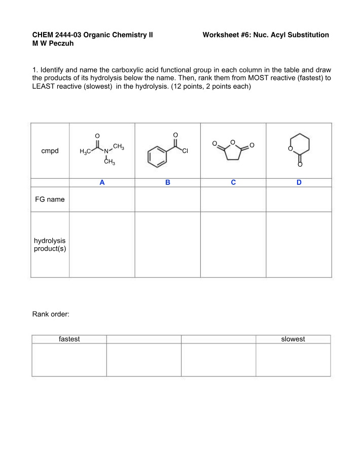 Worksheet on Nucleophilic Acyl Substitution Reactions - Organic Chemistry II