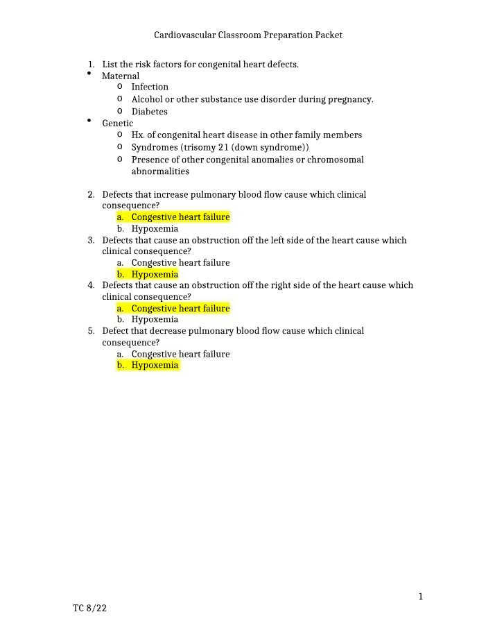 Classroom Preparation Packet for Cardiovascular