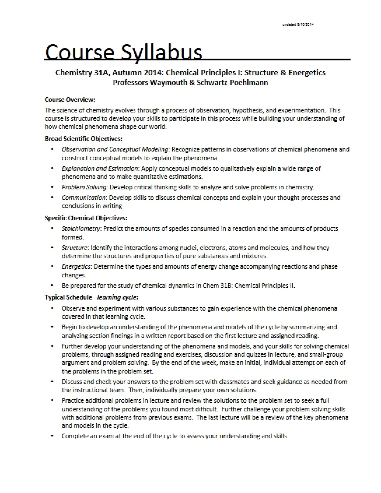Chemical Principles I Structure and Energetics - Course Syllabus