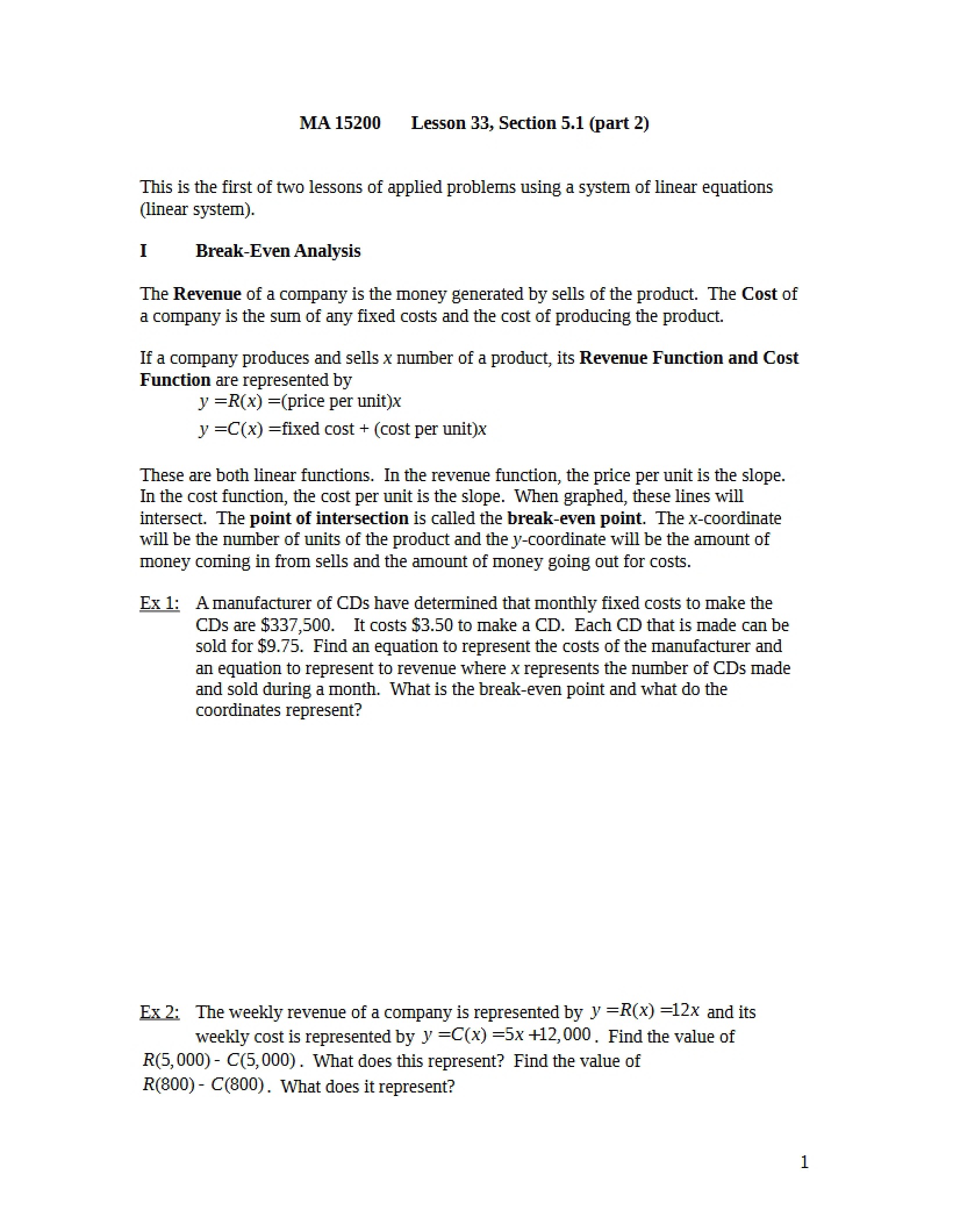 Analysis of Break-Even Points