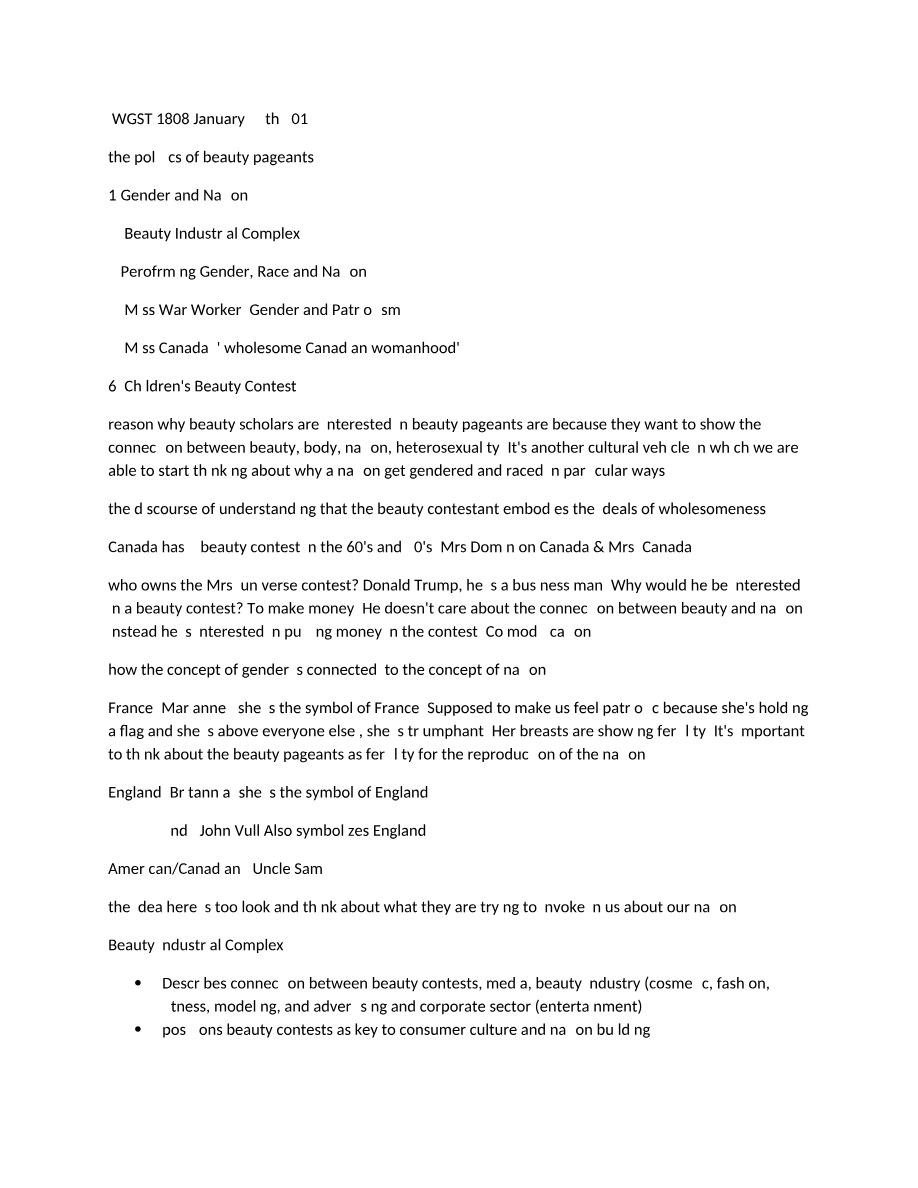 WGST 1808 Lecture - The Politics of Beauty Pageants (Jan 27, 2015)