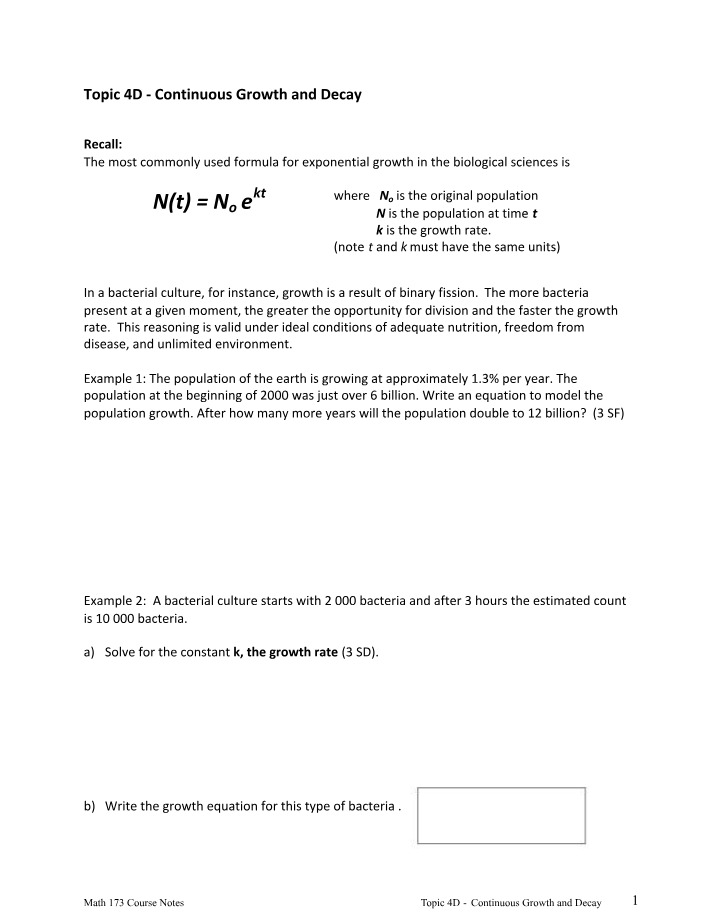 Continuous Growth and Decay - Exercises and Notes
