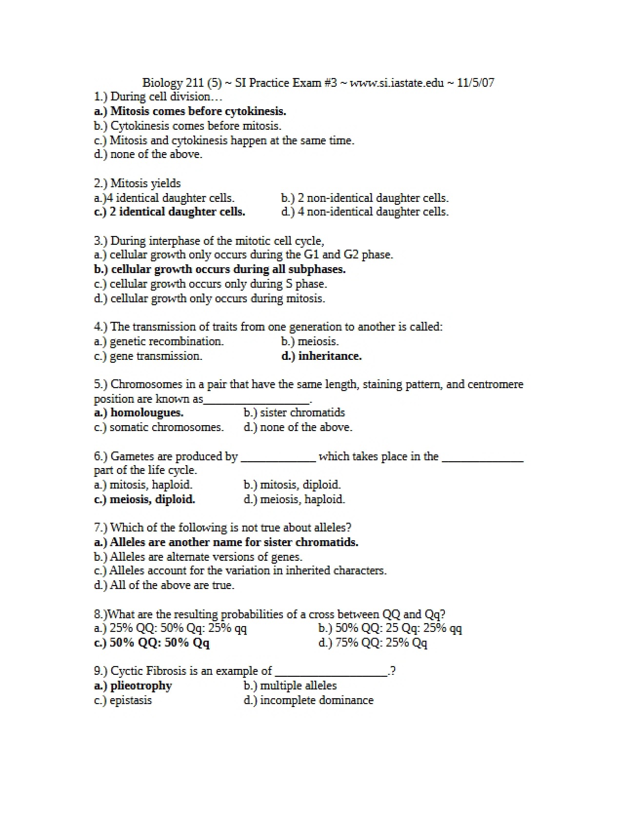 Third Practice Examination for Biology I