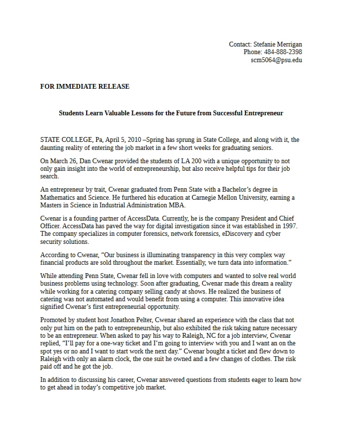 Cwenar Press Release