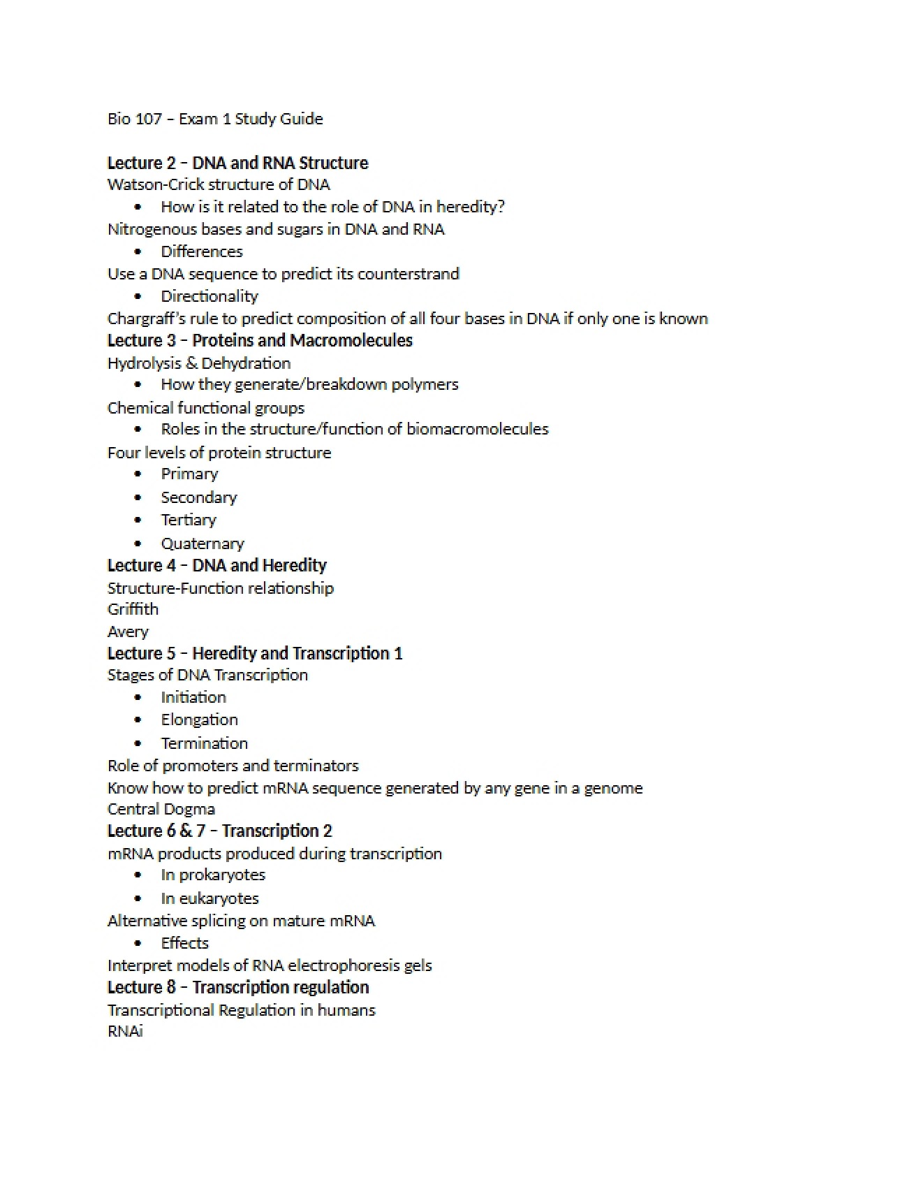 Study Guide for Bio 107 Exam 1