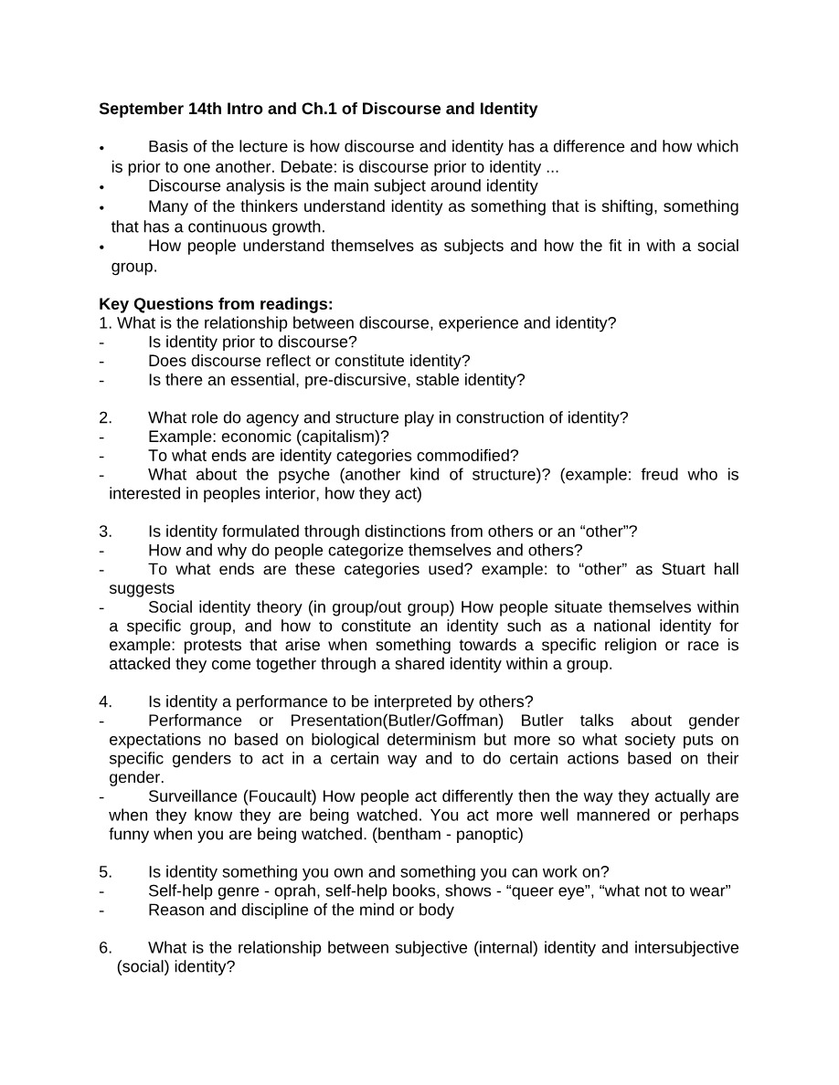 September 14th Notes - Intro and Ch.1 of Discourse and Identity