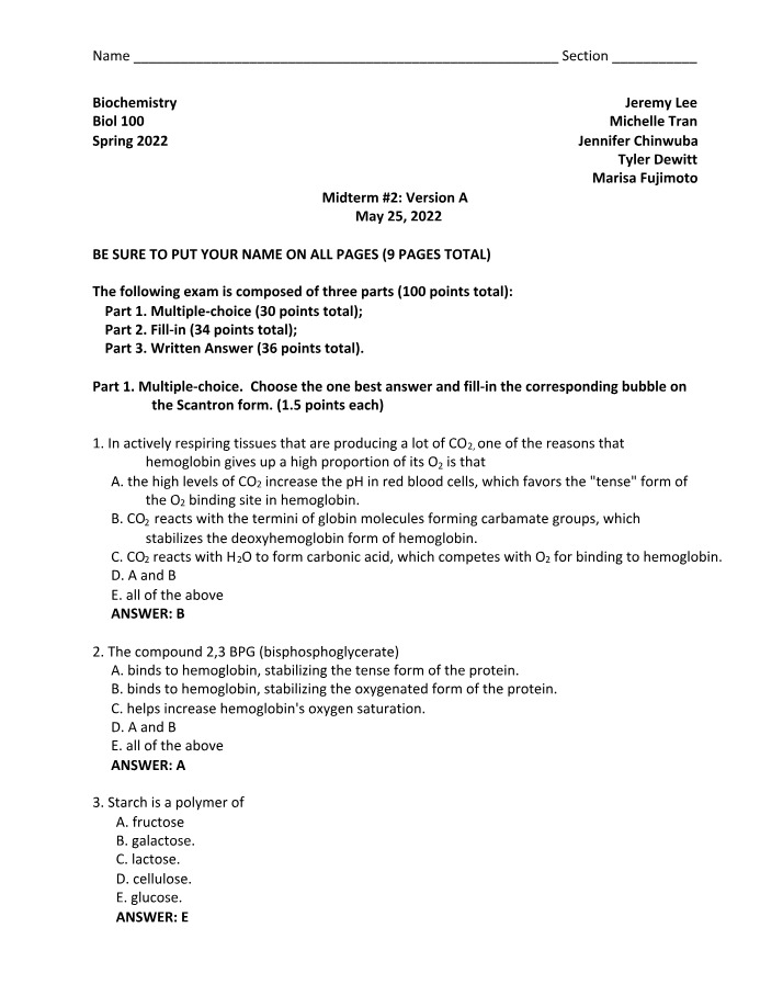 Midterm #2 Questions and Answers - Biochemistry