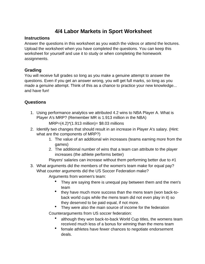 Worksheet on Labor Markets in Sport
