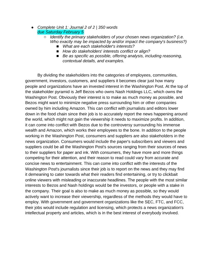 Journal 2 - Understanding Stakeholders in The Washington Post
