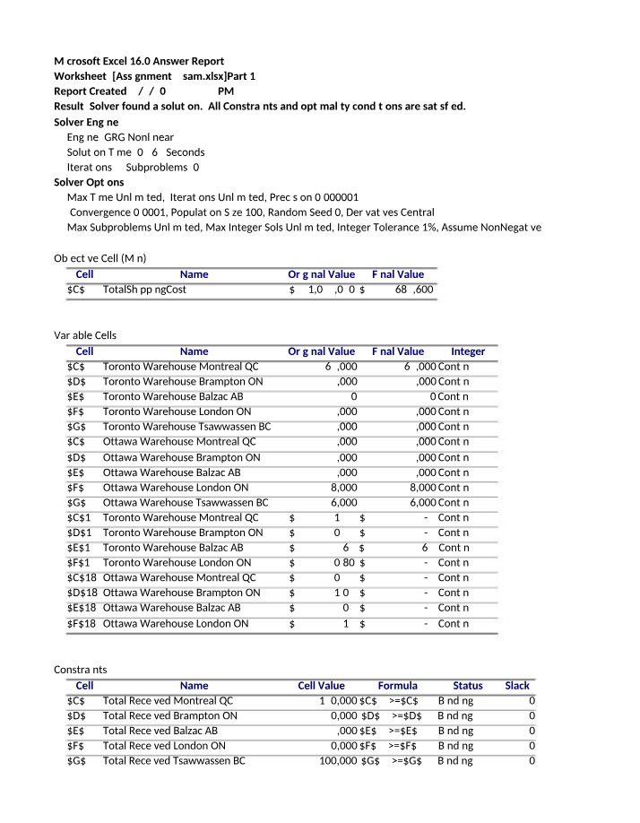 Warehouse Shipping Cost Optimization - Microsoft Excel Solver