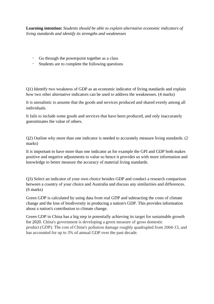 Worksheet on Alternative Measurement of Living Standards