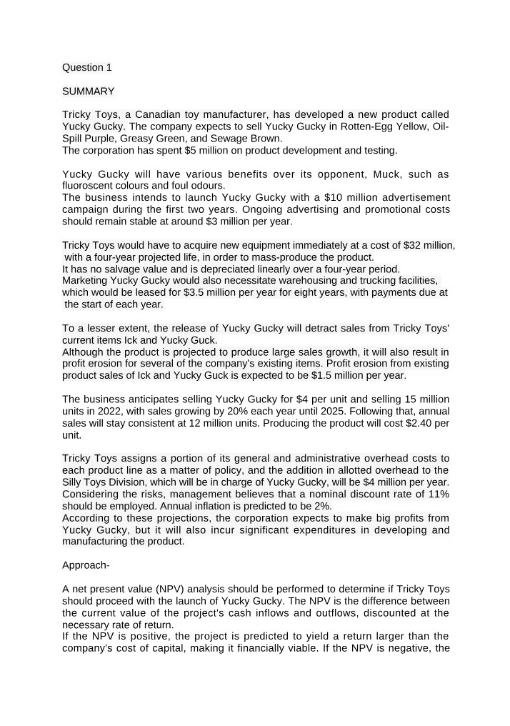 Yucky Gucky Product Launch - NPV Calculation and Financial Analysis