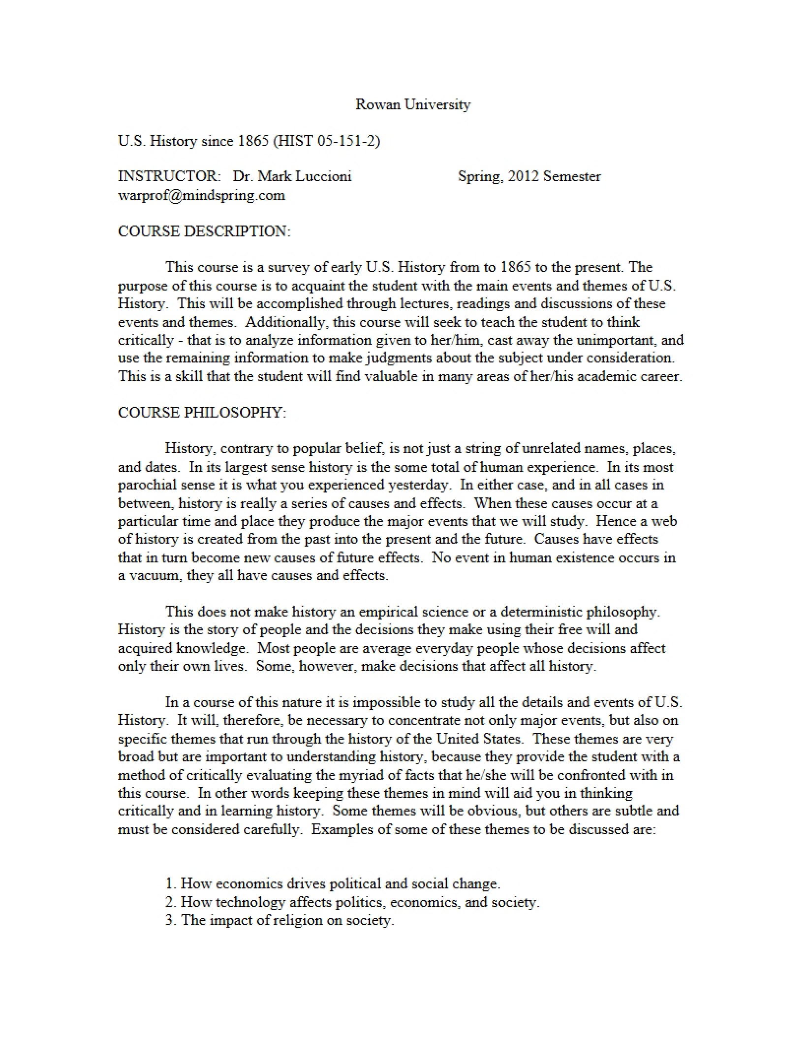 Course Syllabus US History
