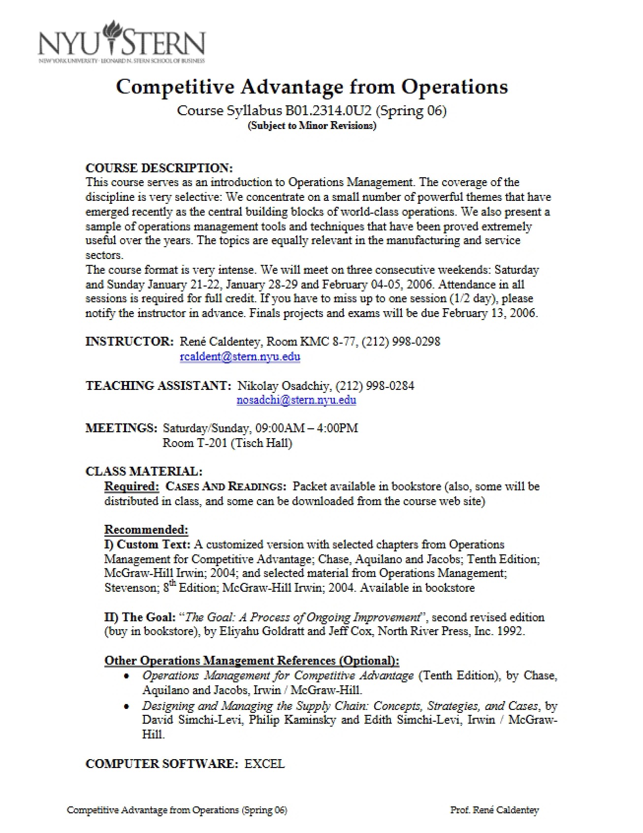 Syllabus for Operations Management