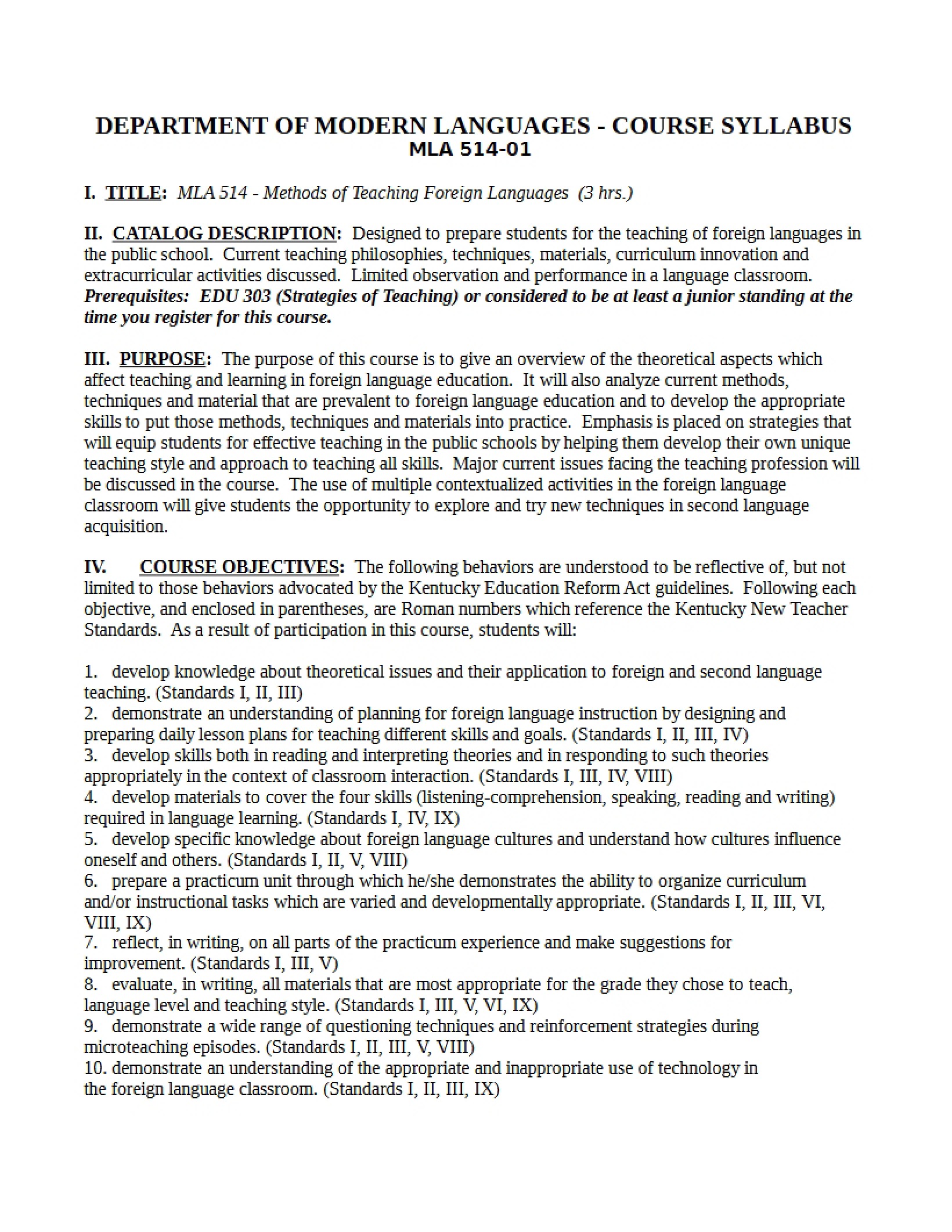 Syllabus - Methods of Teaching Foreign Languages