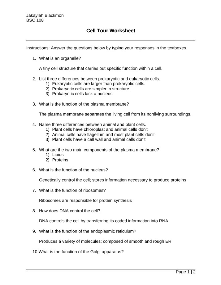 Worksheet for Cell Tour