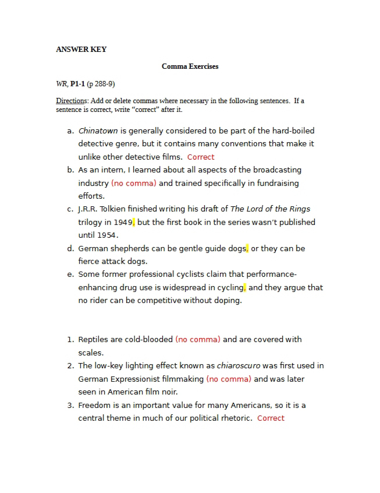 Comma Exercises Answer Key I