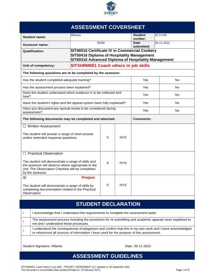 SITXHRM001 Assessment Coversheet - Coach Others in Job Skills