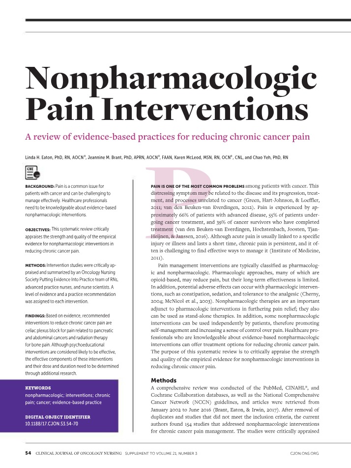 Nonpharmacologic Interventions for Reducing Chronic Cancer Pain