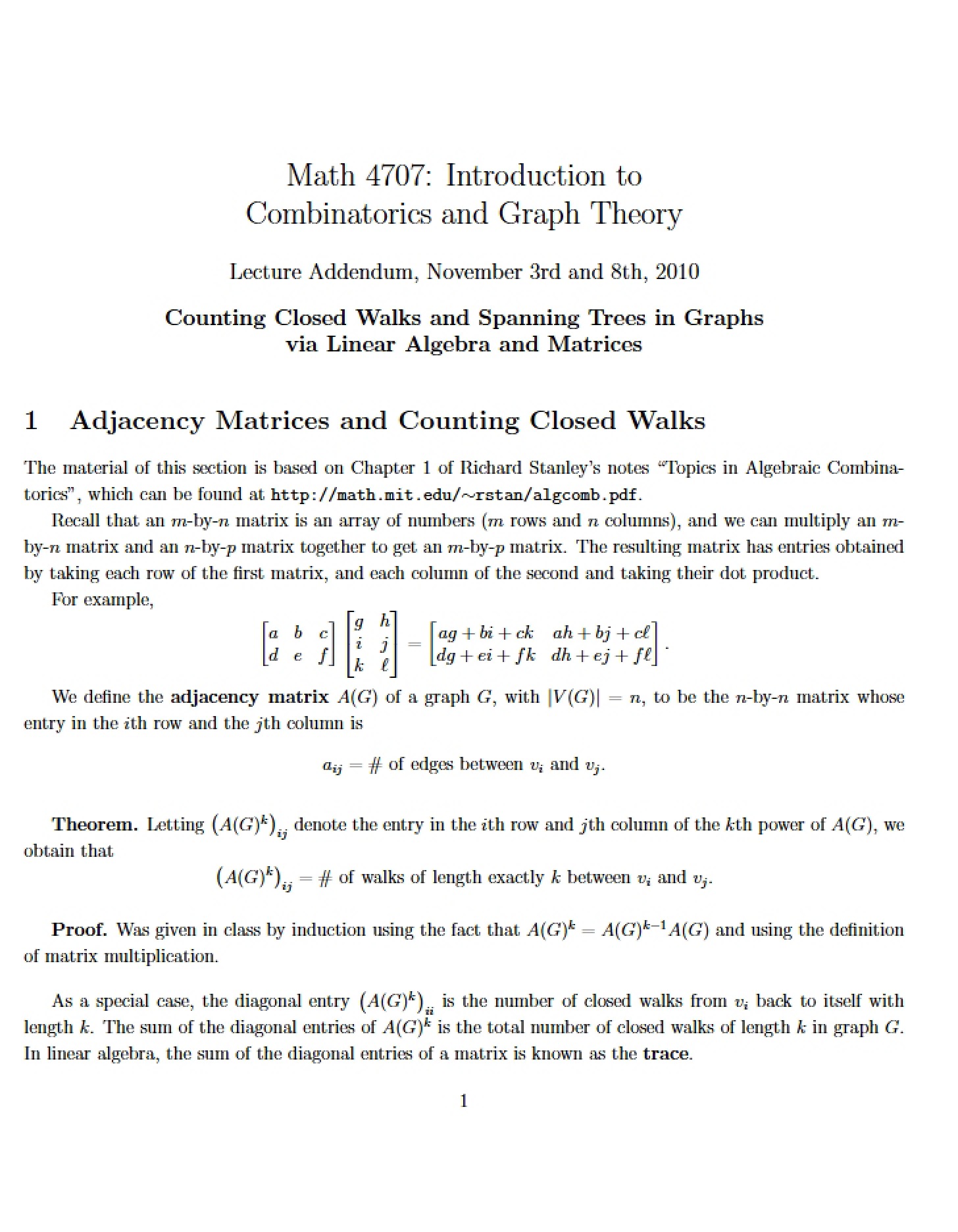 Counting Closed Walks and Adjacency Matrices