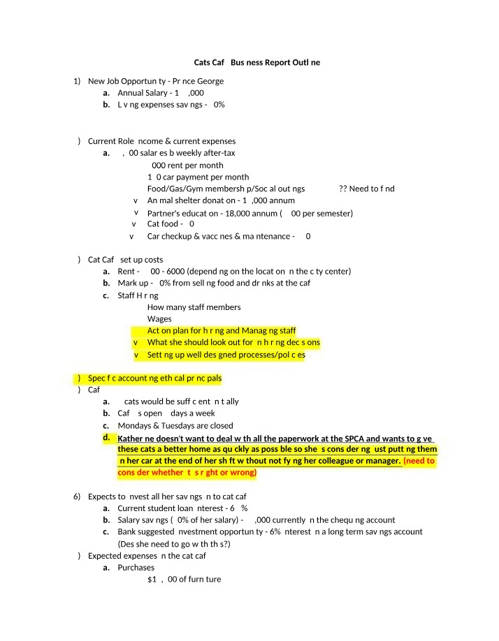 Outline for Cats Cafe Business Report