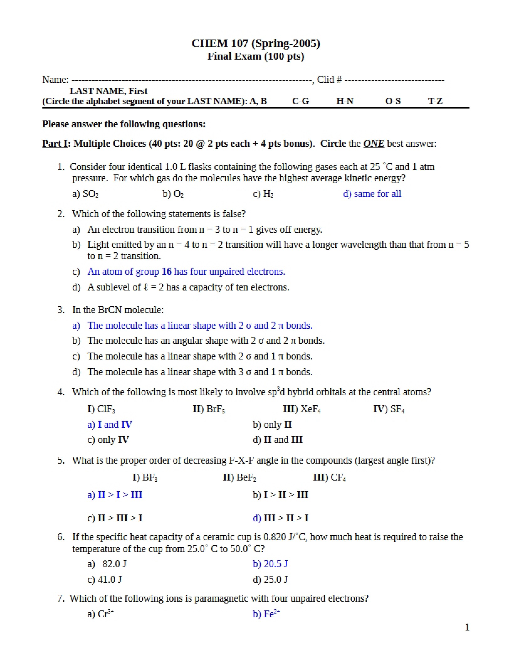 Chemistry I Final Exam