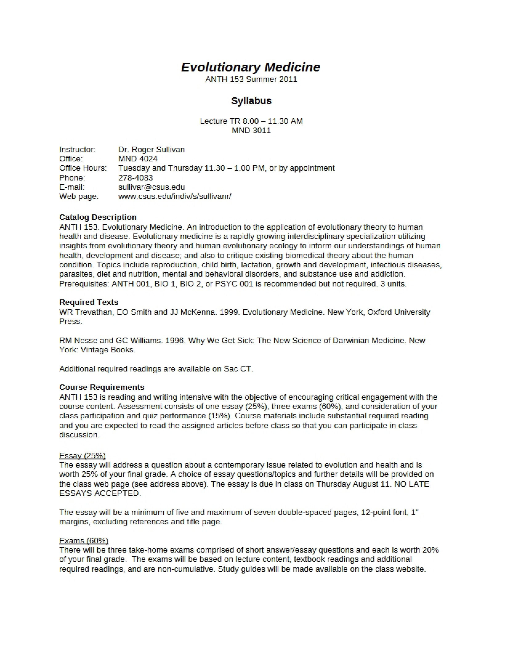 Evolutionary Medicine Syllabus