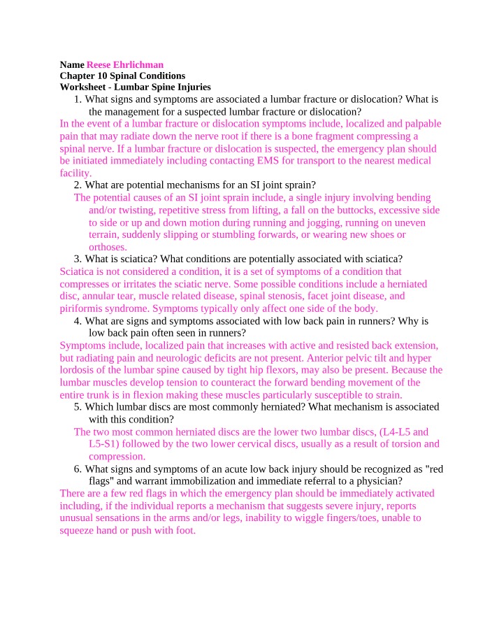 Worksheet on Lumbar Spine Injuries