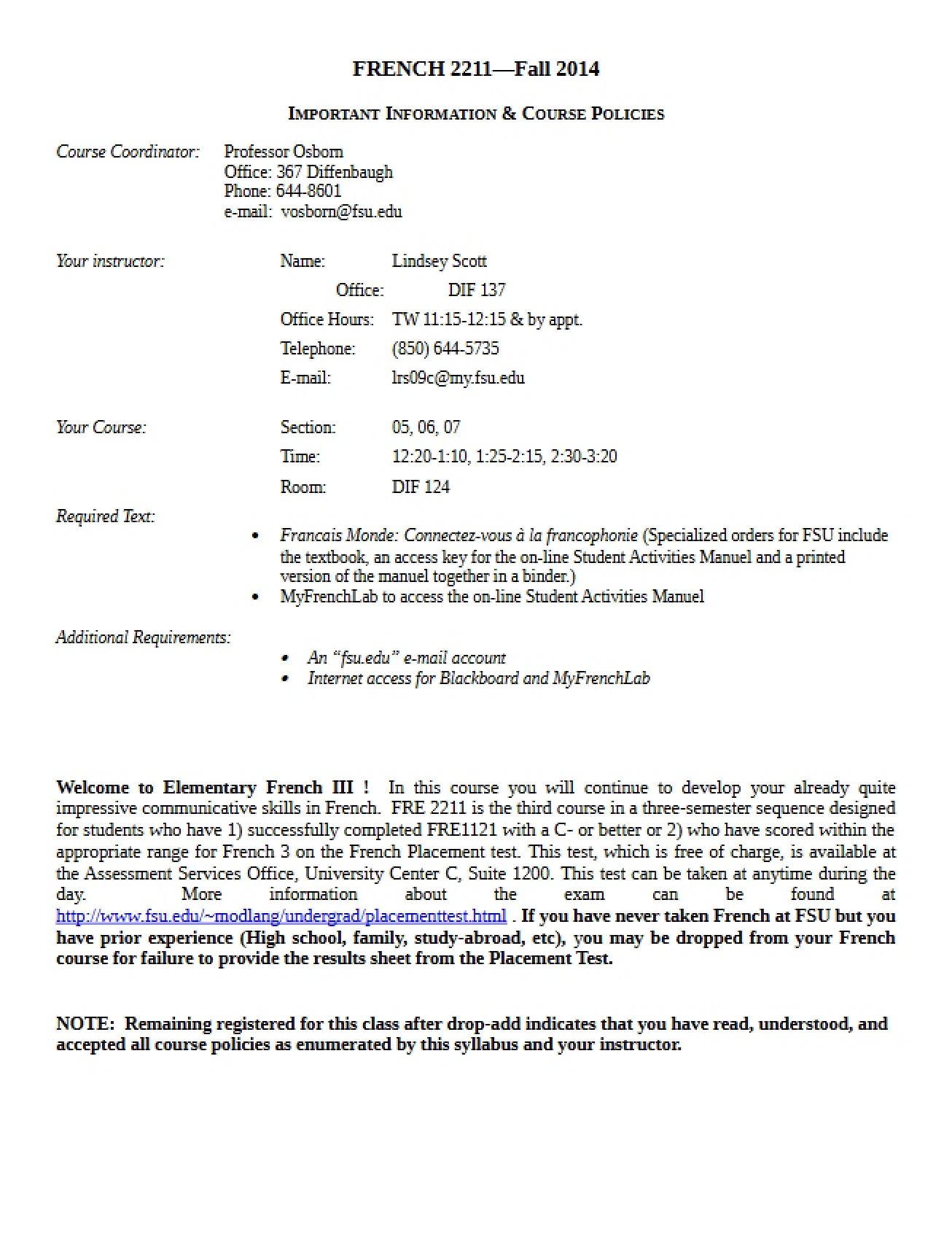 Course Syllabus for Intermediate French, Fall 2014