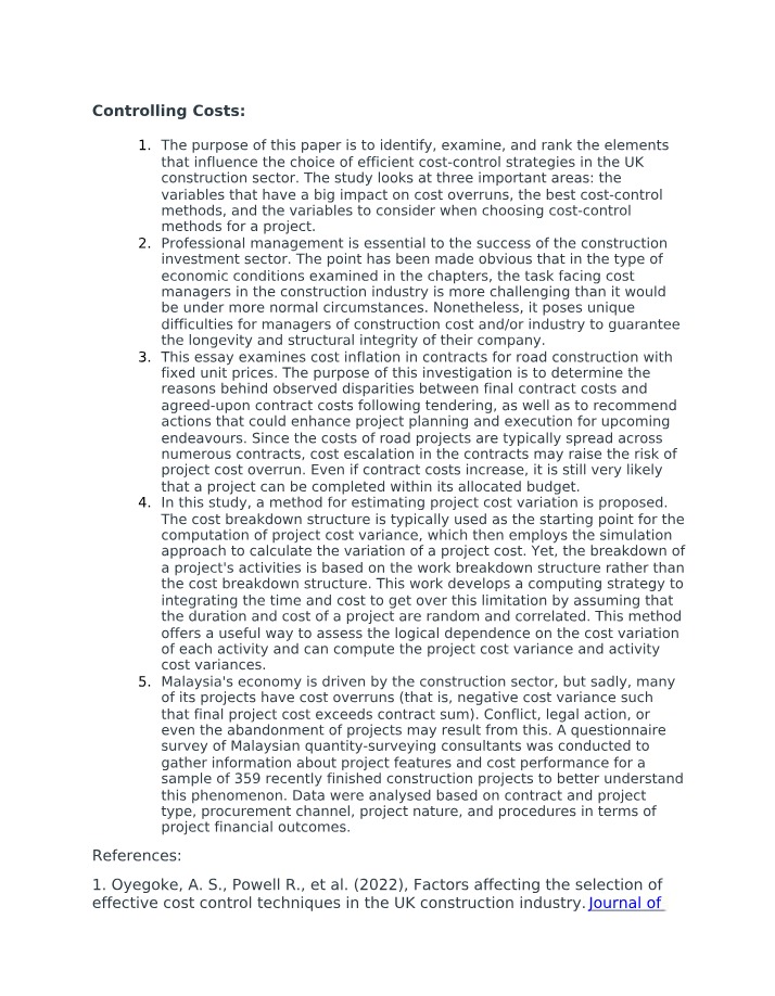 Literature Review on Controlling Costs