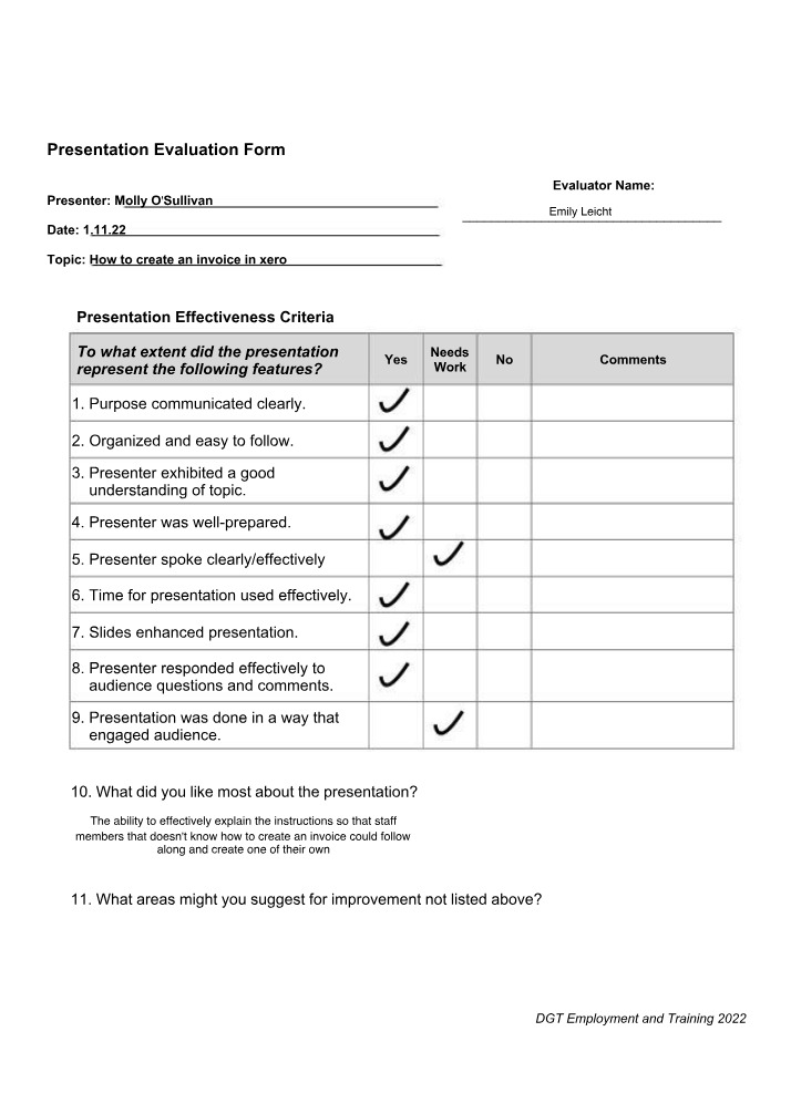 Evaluation Form for Presentation
