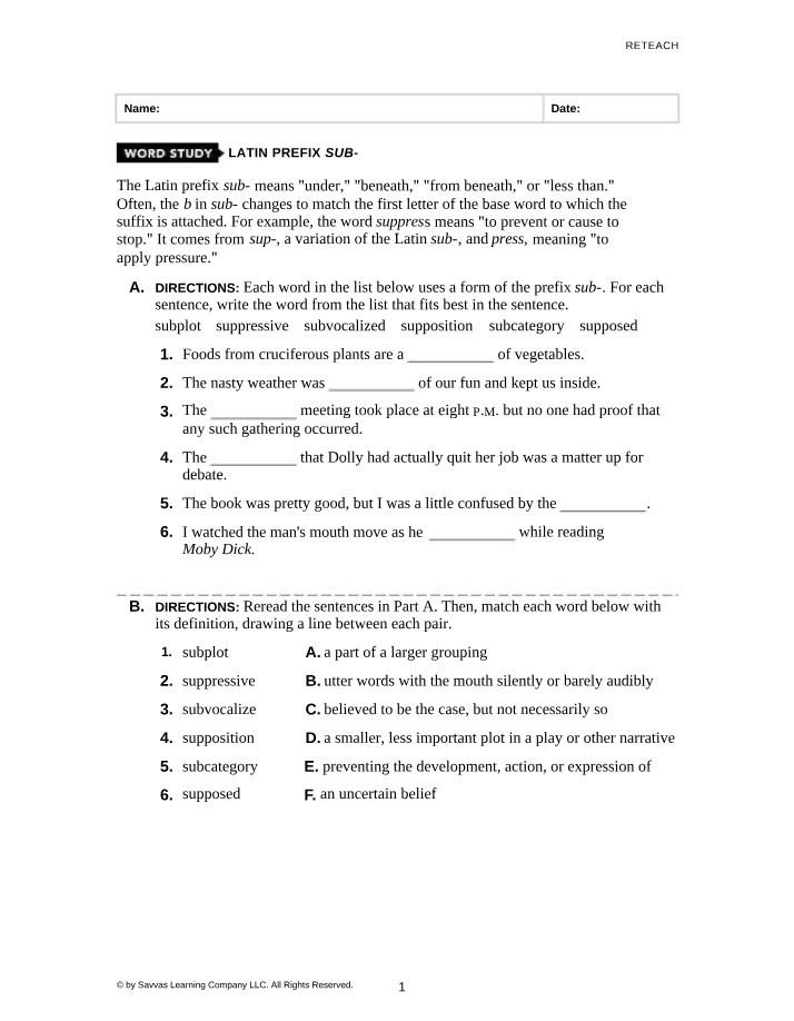 Word Study and Practice for Latin Sub- Prefix