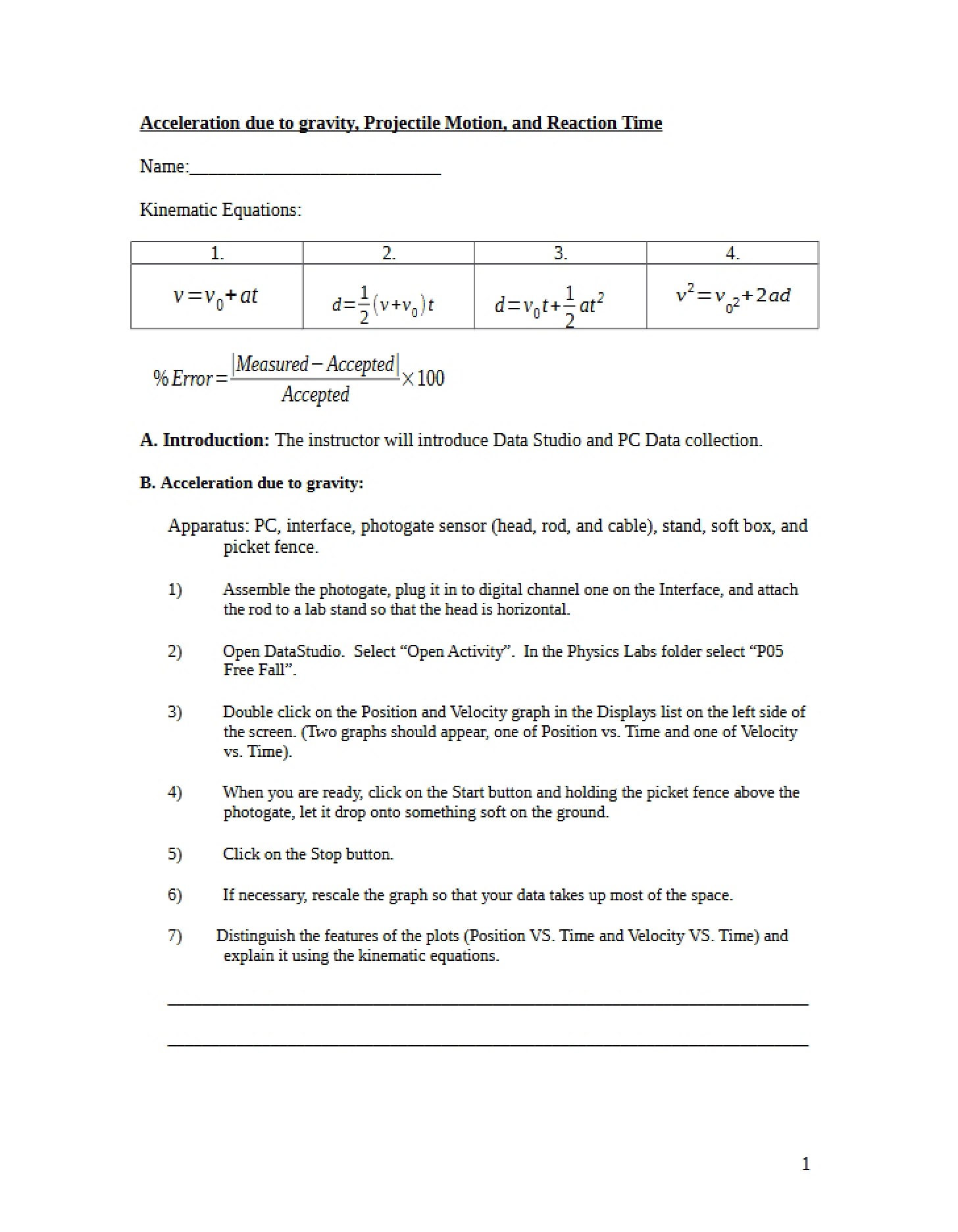 Reaction Time, Projectile Motion, and Gravity Acceleration