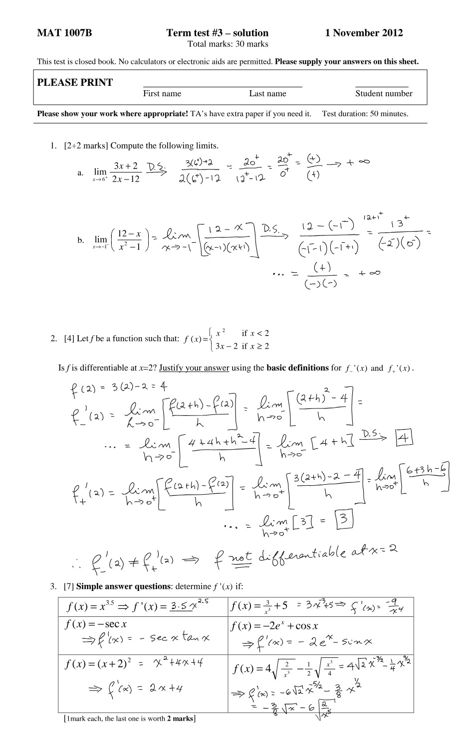 Term Test 3 Solution for MAT 1007B