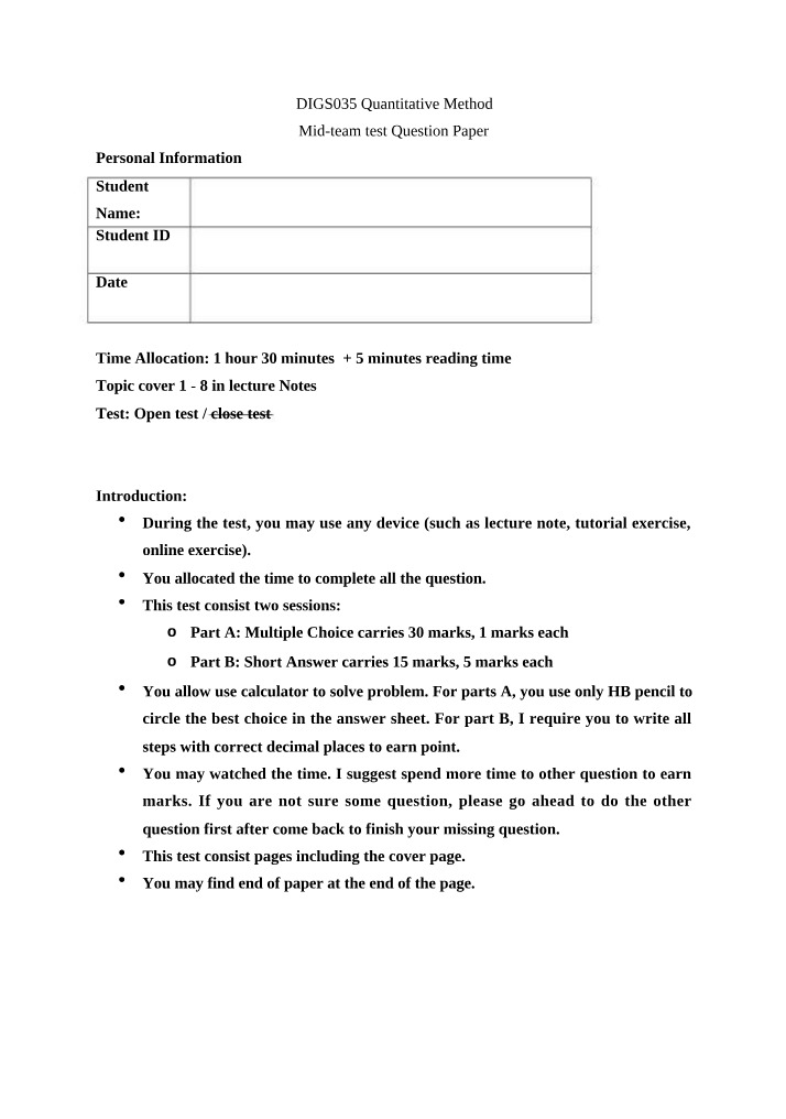 DIGS035 Quantitative Method Mid-term Exam